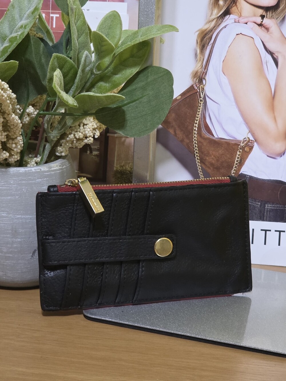 Hammitt Black Leather 210 Card Wallet with Gold Accent